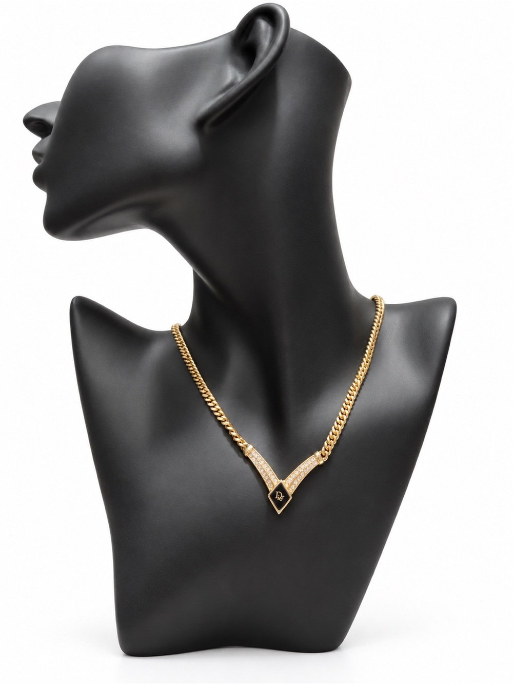 Vintage Christian Dior Gold Tone Crystal V Necklace Black Enamel